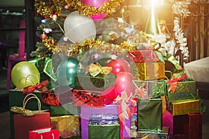 Christmas gift giving concept. Many present boxs with ribbons in