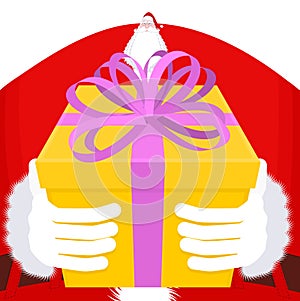 Christmas Gift giving. Large Santa gloves and box with bow. Purple tape and yellow box. Illustration for new year