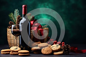 Christmas gift hamper with sparkling wine and gift. Generative AI