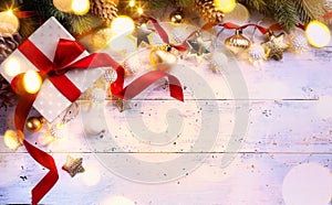 Christmas gift; holidays composition on wooden background; Chri