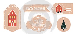 Christmas gift labels and tags hand drawn on kraft paper. Red houses, pine tree, hand lettering text merry christmas