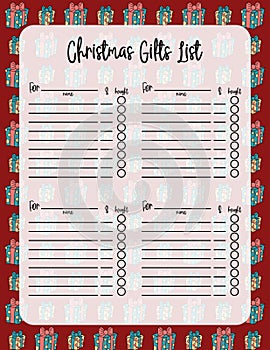 Christmas Gift list. Vector printable template. Blank sheet for Xmas gift ideas. Illustration with cute doodles