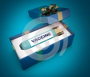 Christmas gift pack containing a vial of vaccine. Concept of immunization and solution of the coronavirus and covid 19 pandemic