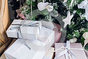 Christmas gift or present box wrapped in kraft paper