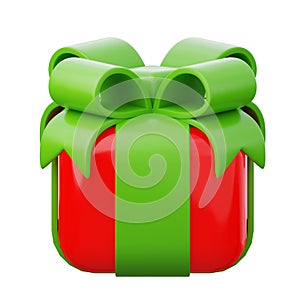 Christmas gift red box with green bow 3d render illustration isolated on white background