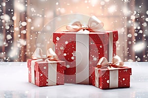 Christmas gift red and white boxes against bokeh background. Holiday greeting card