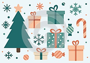 Christmas gift set, Christmas trees, and winter elements in flat style