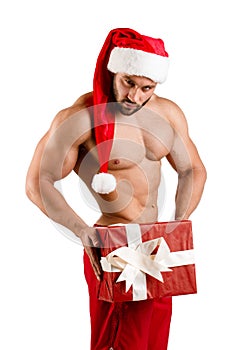 Christmas gift from strong Santaclaus, isolated, white background