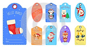 Christmas gift tag with animals and characters.