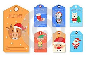 Christmas gift tag with animals and characters.