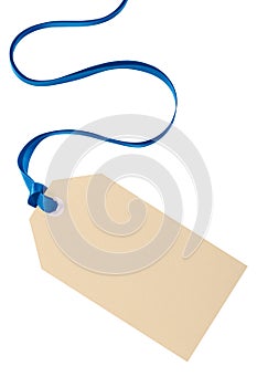 Christmas gift tag with blue ribbon isolated on white background