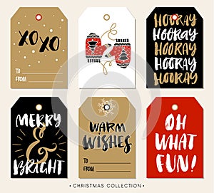 Christmas gift tag with calligraphy. Hand drawn design elements.