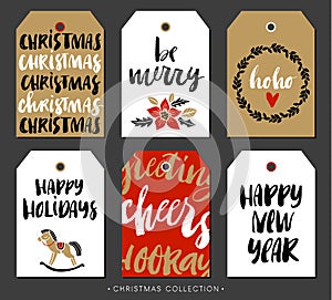 Christmas gift tag with calligraphy. Hand drawn design elements.