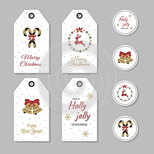 Christmas gift tag set in retro style. New Year labels and stickers. Vector illustration in nordic flat style.