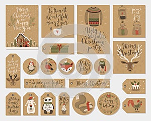 Christmas gift tags set, hand drawn style.