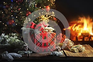Christmas gift with Tree and Warm Fire photo