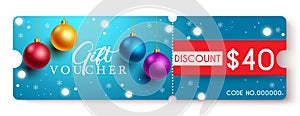 Christmas gift voucher design. Christmas gift voucher with discount $40 text and colorful xmas balls.