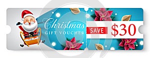Christmas gift voucher design. Christmas gift voucher with save $30 text and xmas element like poinsettia and leaves.