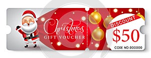 Christmas gift voucher vector design. Christmas gift voucher text with 50$ discount coupon in santa claus character.