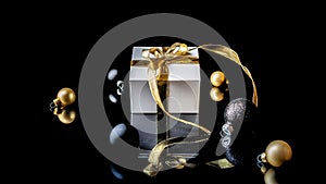 Christmas gift. White gift with golden bow, gold balls and new year tree in xmas decoration on dark background for greeting card.