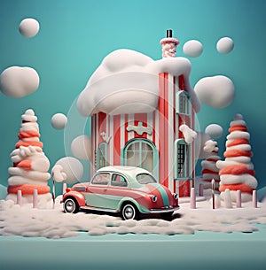 christmas gift winter snow holiday festive candy car retro merry. Generative AI.