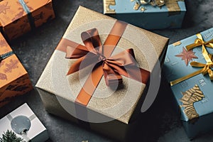 Christmas gifts are already in their boxes with fancy paper and Christmas bows. Ai generated