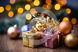 Christmas Gifts and balls against a Defocused Lights Background