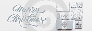 Christmas gifts banner. Beautiful nordic christmas presents isolated on white background. Pastel blue colored wrapped xmas boxes.