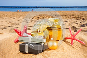 Christmas gifts on beach