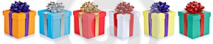 Christmas gifts birthday presents in a row gift boxes isolated on white