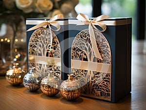 Christmas gifts, boxes on blur festive xmas background. Winter concept. Desing for card, greeting