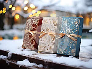 Christmas gifts, boxes, xmas background, blur winter landscape with bokeh lights. Desing for card