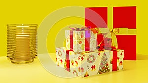 Christmas-gifts with caldle and Chstrimas tree on yellow background