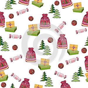 Christmas gifts, Christmas balls and decorative Christmas trees on a white background. Textile composition, template for design pr