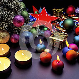 Christmas gifts, christmas tree, candles, colored decor, stars, balls on black background