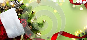 Christmas gifts and Christmas tree decoration. Christmas banner or greeting card design with copy space