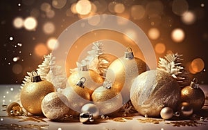 Christmas gifts, decoration with candles.Golden Christmas theme background. Concept Holiday Decorations. Generative AI
