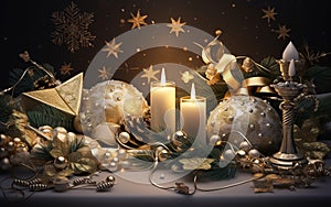 Christmas gifts, decoration with candles.Golden Christmas theme background. Concept Holiday Decorations. Generative AI