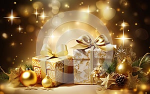 Christmas gifts, decoration with candles.Golden Christmas theme background. Concept Holiday Decorations. Generative AI