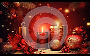 Christmas gifts, decoration with candles.Golden and Red Christmas theme background. Concept Holiday Decorations. Generative AI