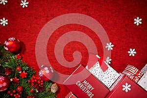 Christmas gifts decoration on red background