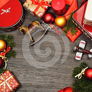 Christmas gifts decoration on wooden background, top view, copy space