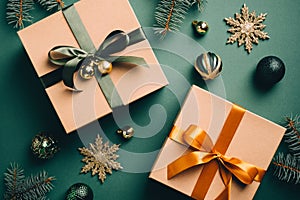 Christmas gifts and decorations on dark green background. Flat lay, top view. Merry Christmas and Happy New Year concept. Vintage