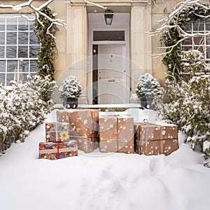 Christmas gifts delivery, postal service and holiday presents online shopping, wrapped parcel boxes on a country house