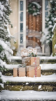 Christmas gifts delivery, postal service and holiday presents online shopping, wrapped parcel boxes on a country house