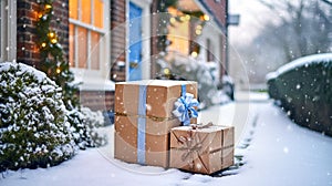 Christmas gifts delivery, postal service and holiday presents online shopping, wrapped parcel boxes on a country house doorstep in