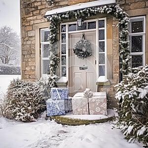 Christmas gifts delivery, postal service and holiday presents online shopping, wrapped parcel boxes on a country house doorstep in