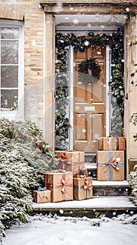 Christmas gifts delivery, postal service and holiday presents online shopping, wrapped parcel boxes on a country house doorstep in