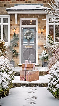 Christmas gifts delivery, postal service and holiday presents online shopping, wrapped parcel boxes on a country house doorstep in