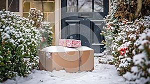 Christmas gifts delivery, postal service and holiday presents online shopping, wrapped parcel boxes on a country house doorstep in